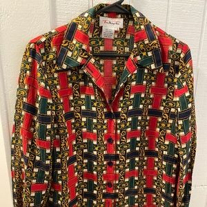 Vintage Talbot’s Equestrian 100% Silk Red Blue Green Gold Blouse Sz 4